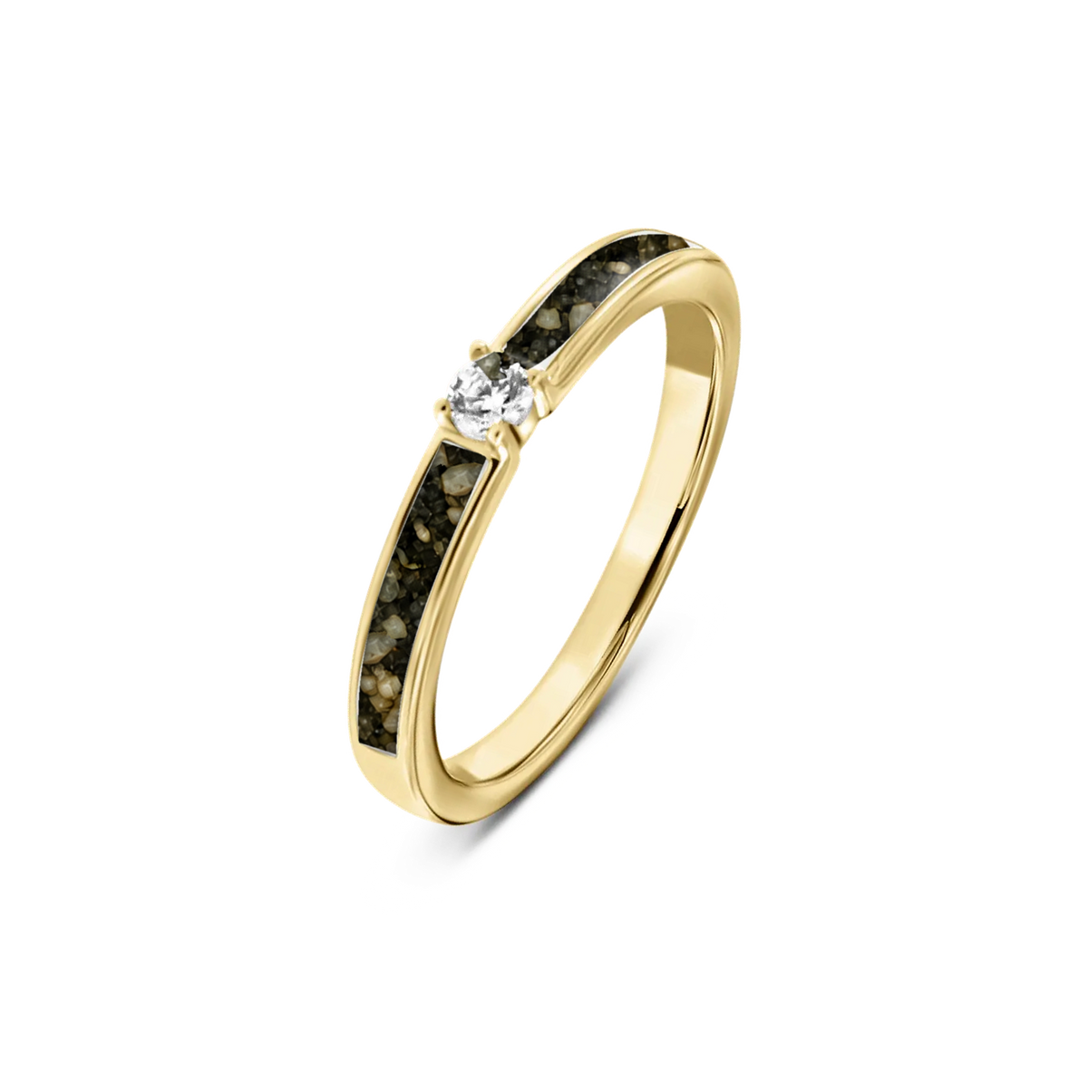 Cinderella as-ring in massief geel goud met antraciet askleur en zirkonia