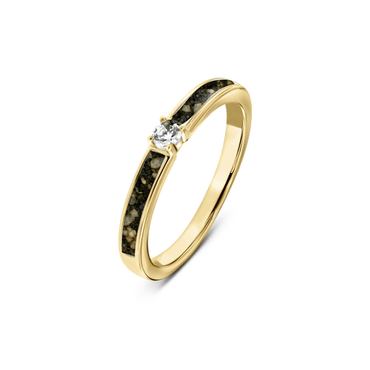 Cinderella as-ring in massief geel goud met antraciet askleur en zirkonia
