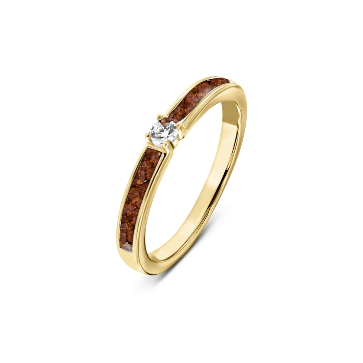 Cinderella as-ring in massief geel goud met koperbruin askleur en zirkonia