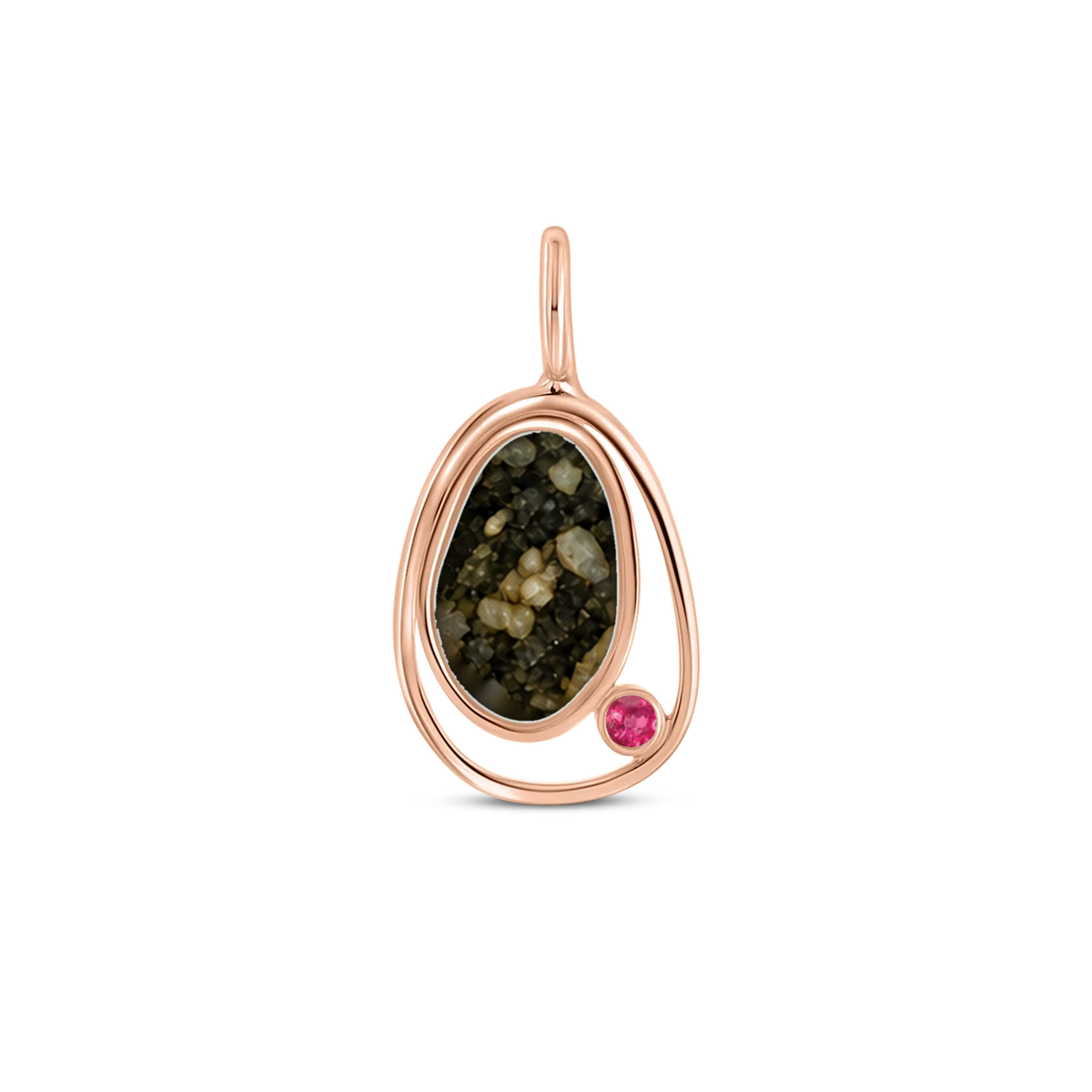 Danique as-hanger in massief rosé goud met antraciet askleur en robijn