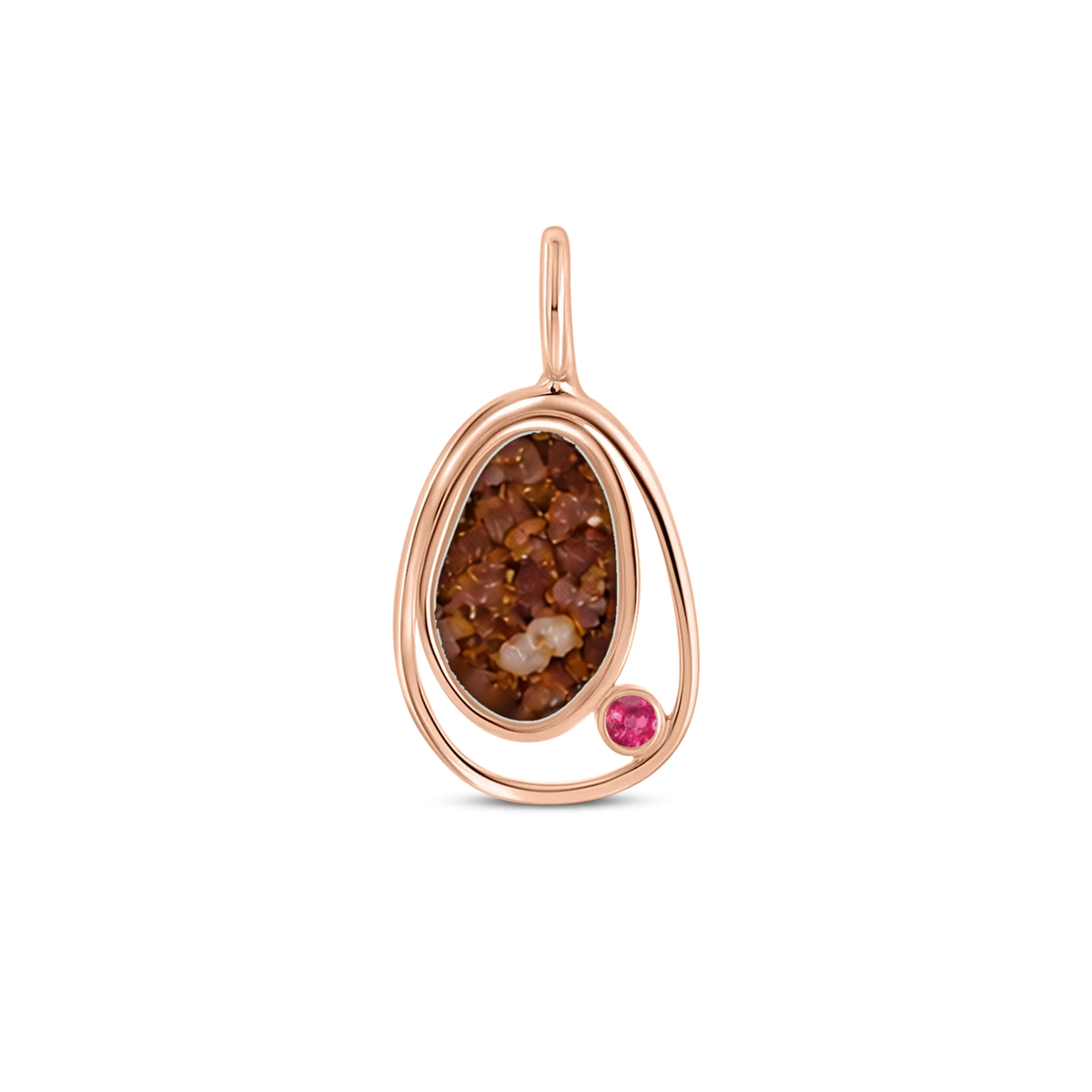 Danique as-hanger in massief rosé goud met koperbruin askleur en robijn