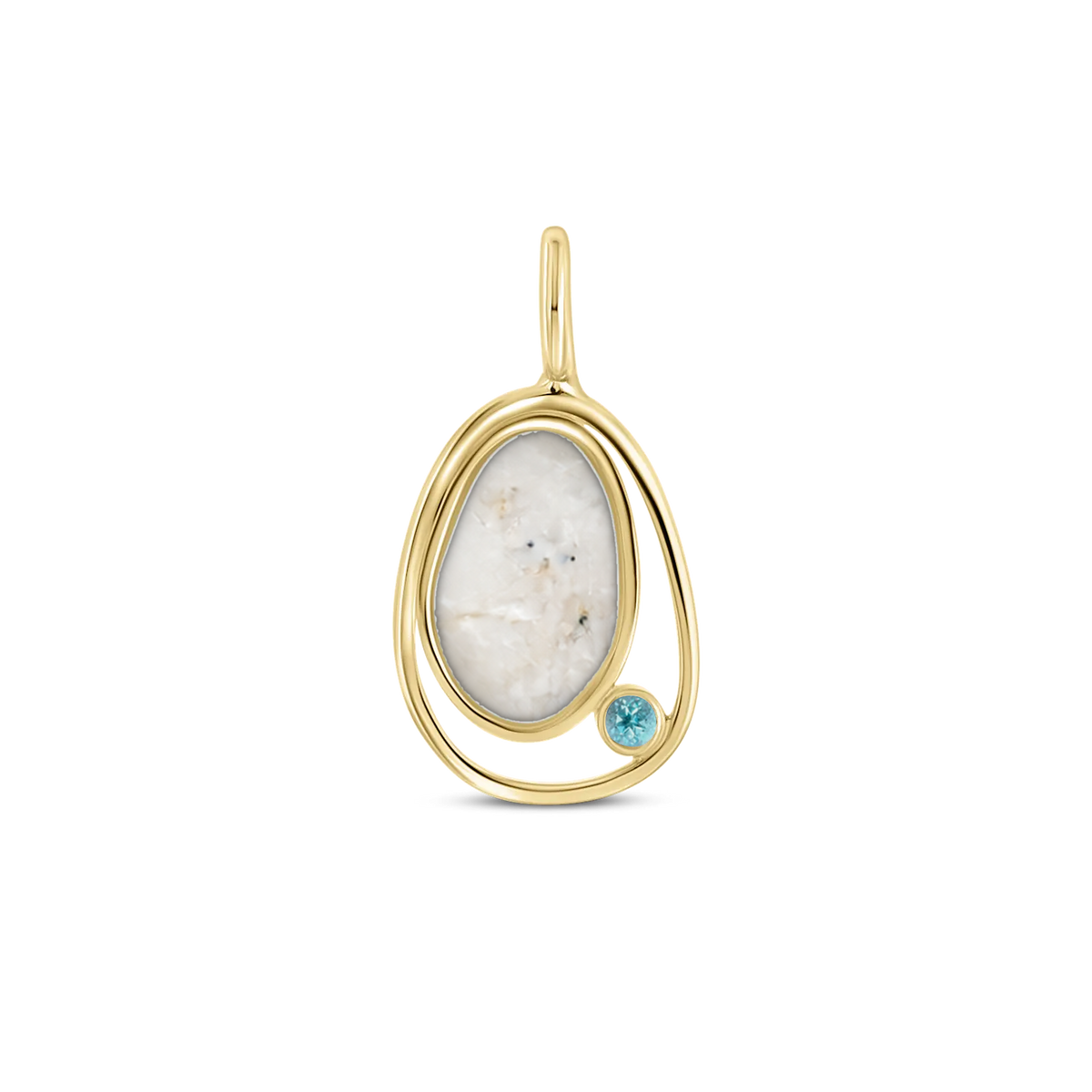 Danique as-hanger in massief geel goud met parelmoer askleur en blauwe topaas