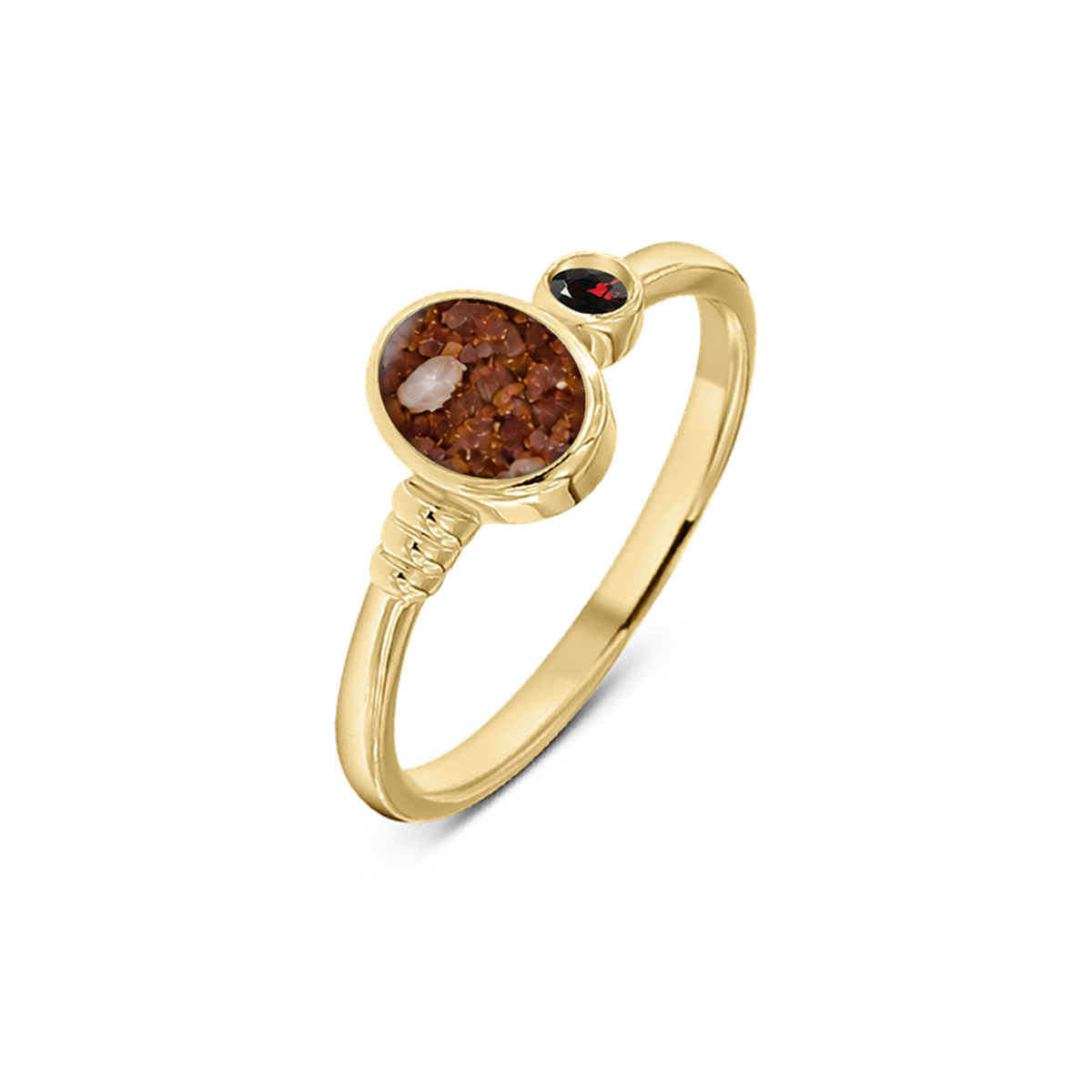 Elisa as-ring in massief geel goud met koperbruin askleur en granaat