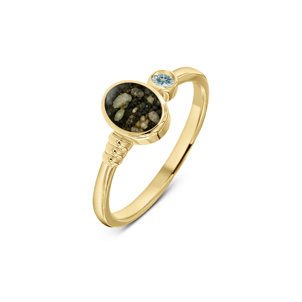 Elisa as-ring in massief geel goud met antraciet askleur en aquamarijn