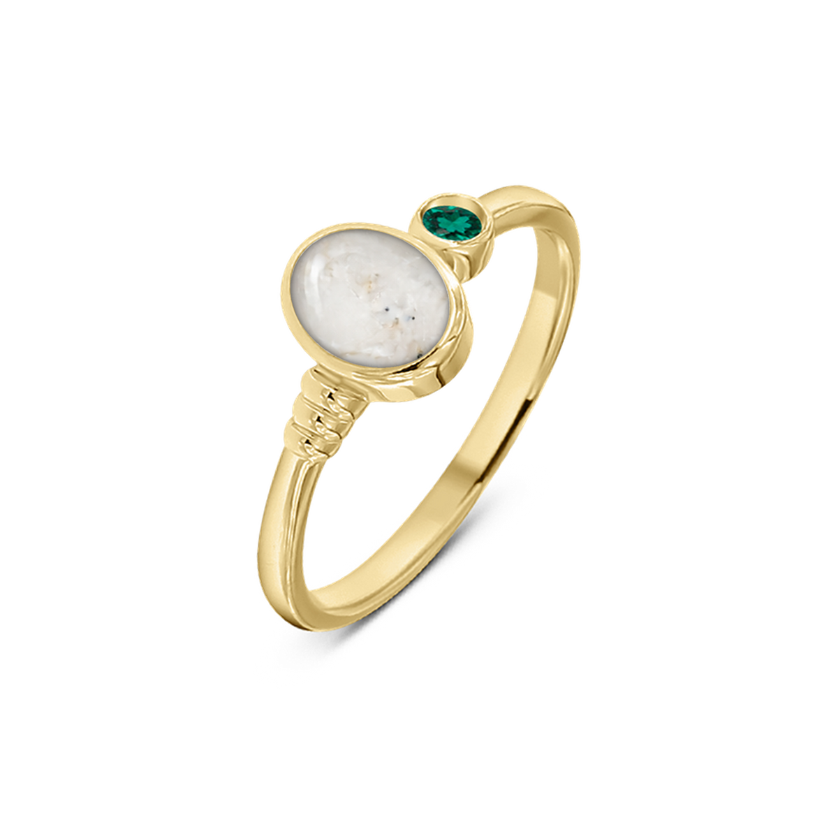 Elisa as-ring in massief geel goud met parelmoer askleur en smaragd