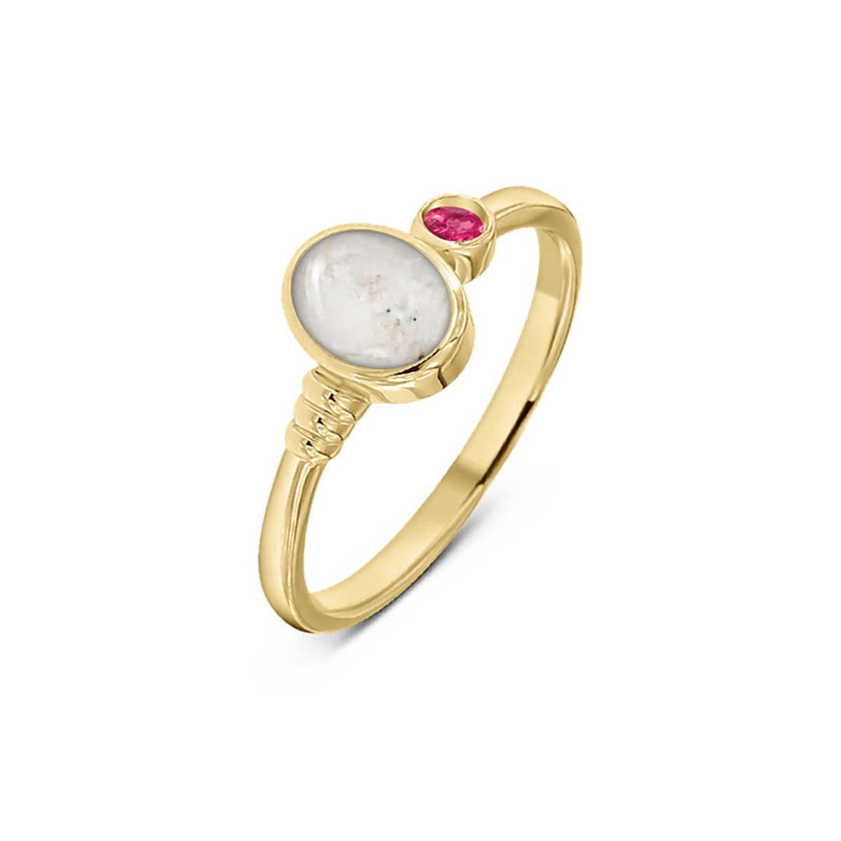 Elisa as-ring in massief geel goud met parelmoer askleur en robijn