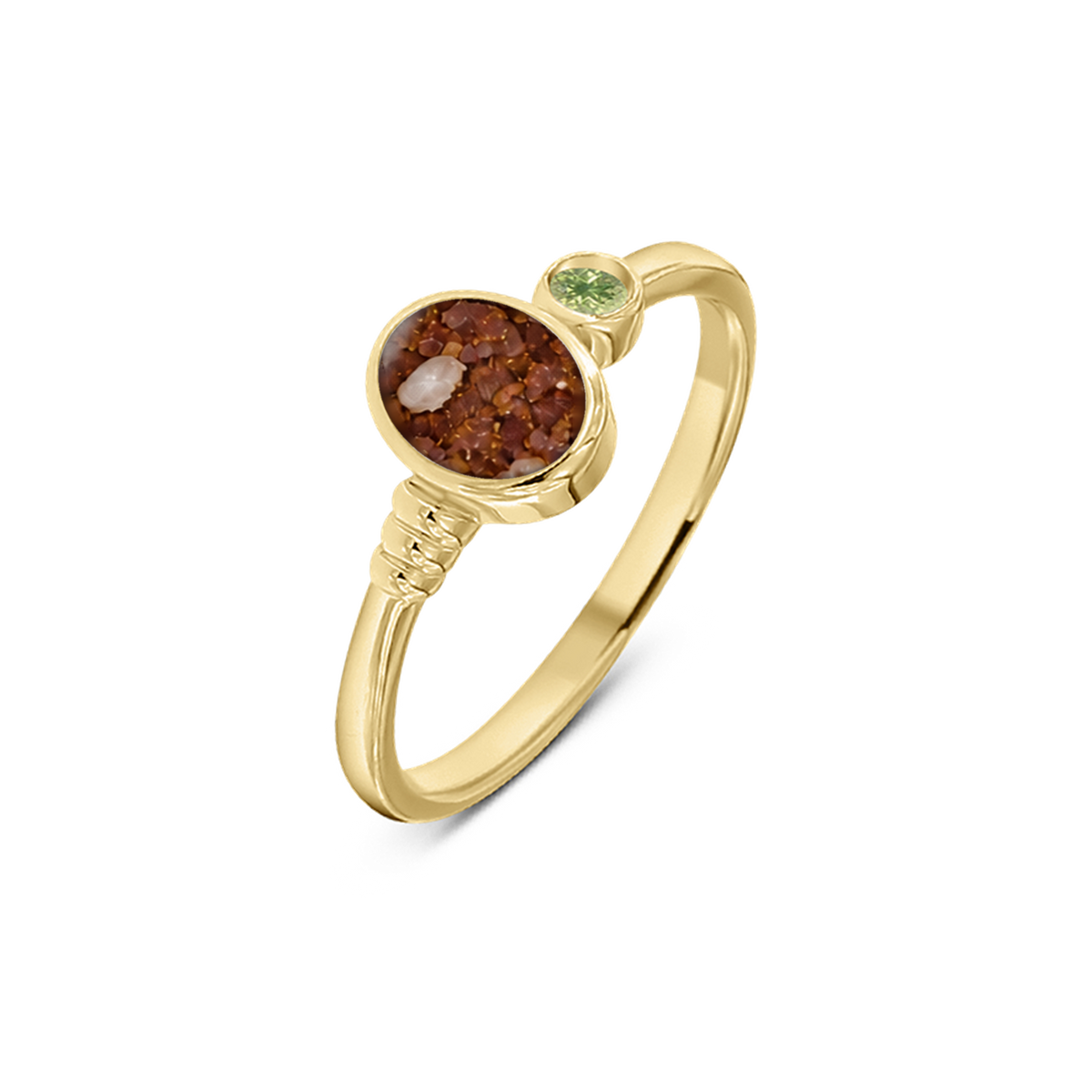 Elisa as-ring in massief geel goud met koperbruin askleur en peridot