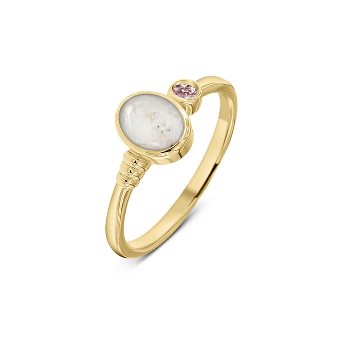 Elisa as-ring in massief geel goud met parelmoer askleur en morganiet