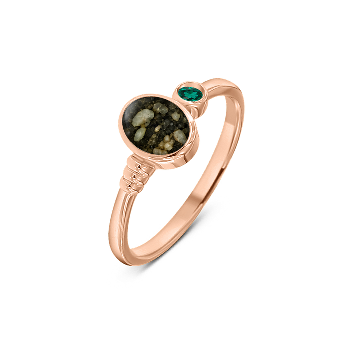 Elisa as-ring in massief rosé goud met antraciet askleur en smaragd