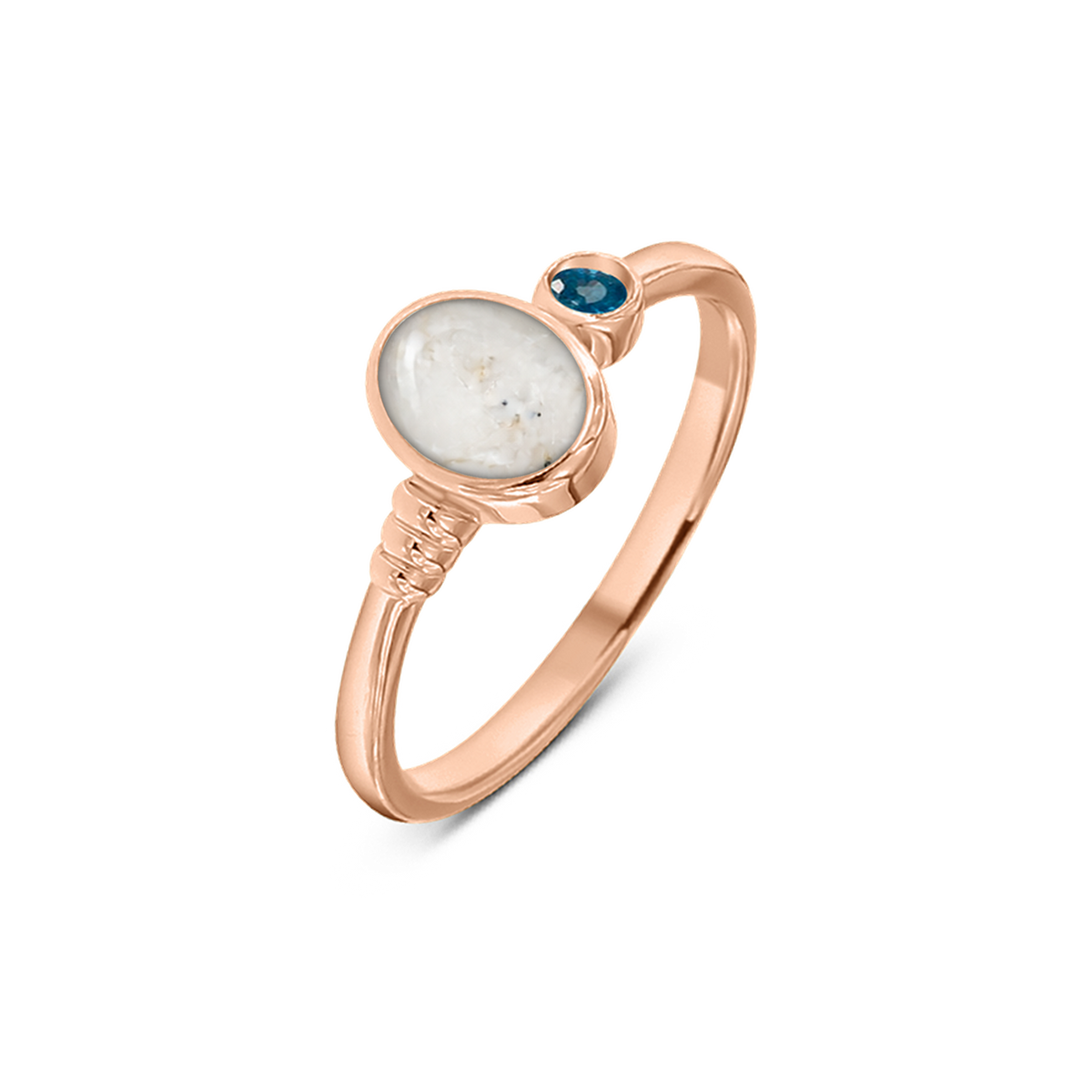 Elisa as-ring in massief rosé goud met parelmoer askleur en saffier
