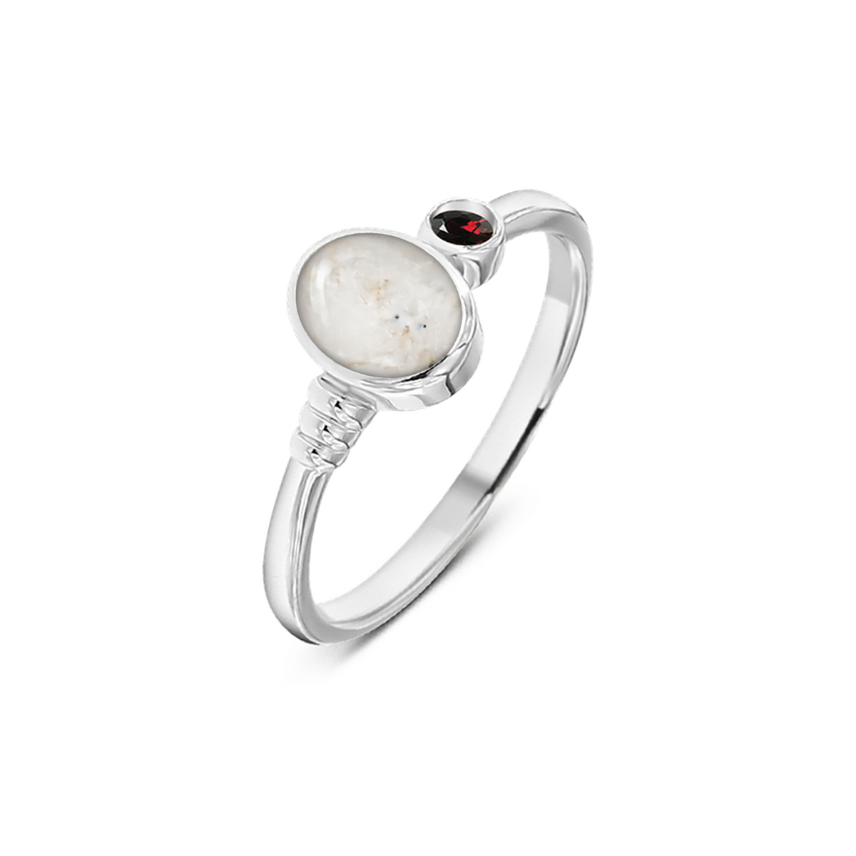 Elisa as-ring in massief wit goud met parelmoer askleur en granaat