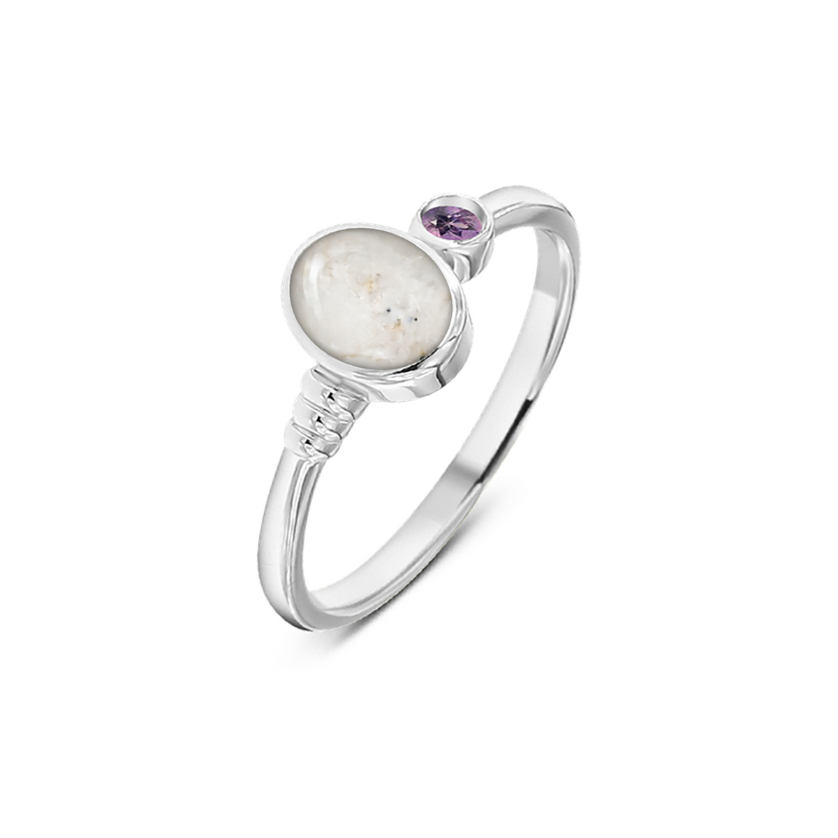 Elisa as-ring in massief wit goud met parelmoer askleur en amethist