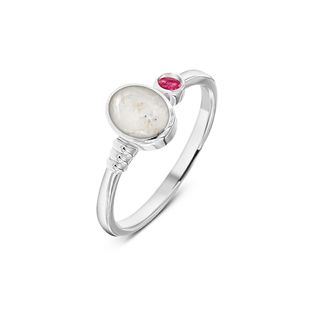 Elisa as-ring in massief wit goud met parelmoer askleur en robijn