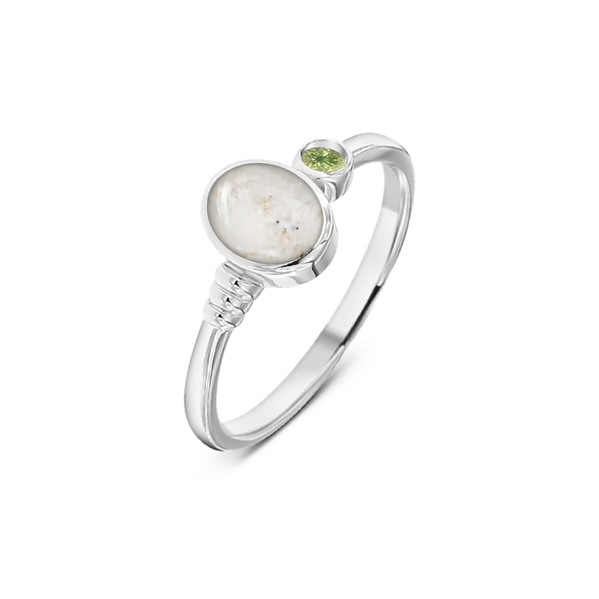Elisa as-ring in massief wit goud met parelmoer askleur en peridot