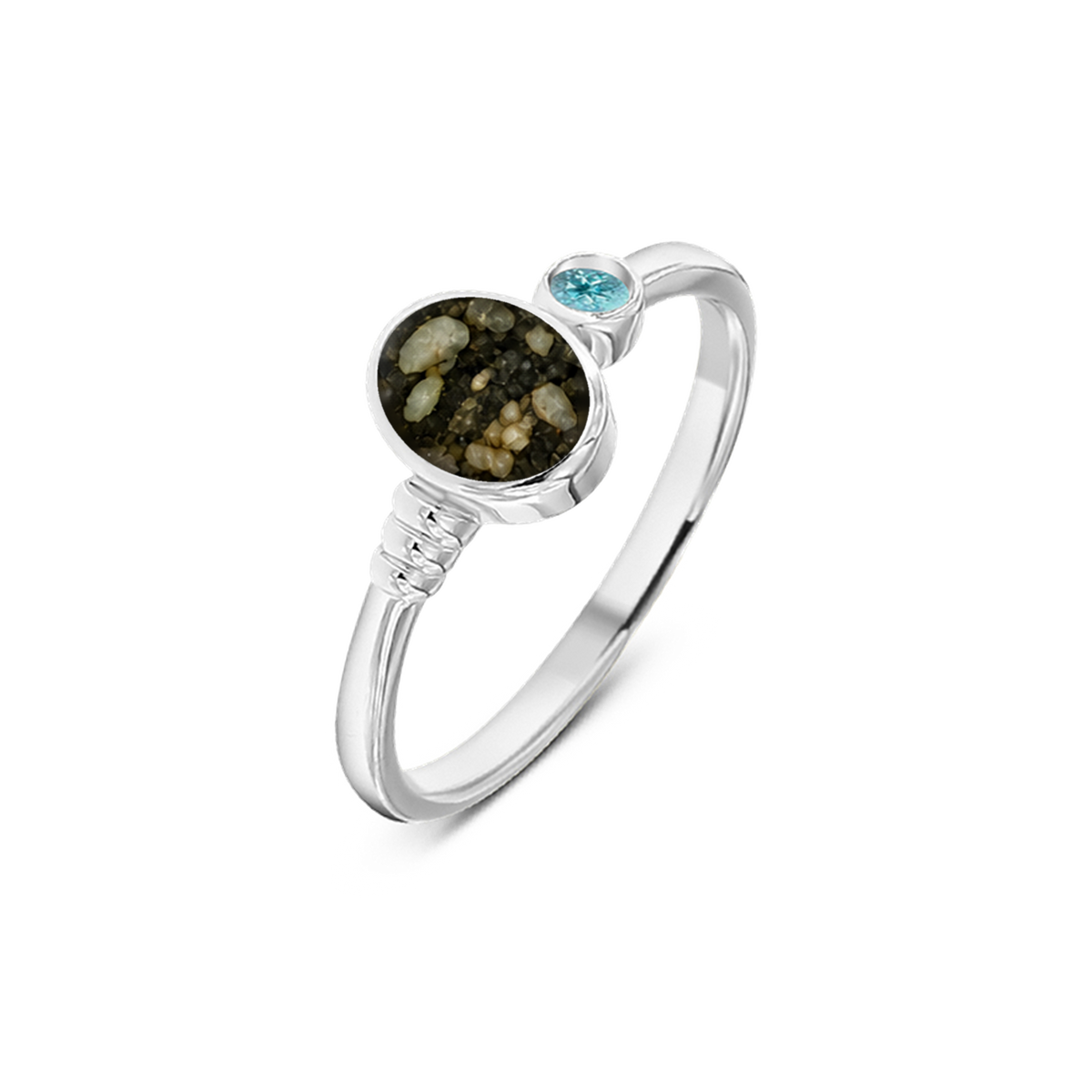 Elisa as-ring in massief wit goud met antraciet askleur en blauwe topaas