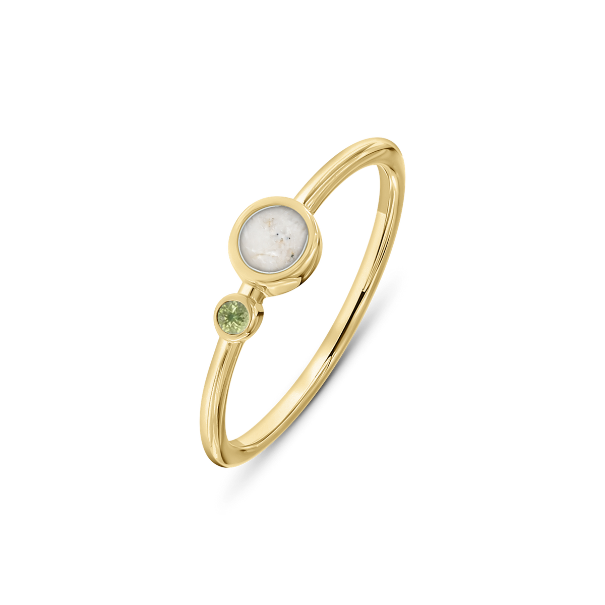 Giulia as-ring in massief geel goud met parelmoer askleur en peridot