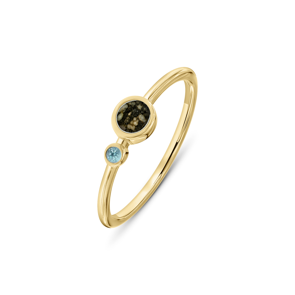 Giulia as-ring in massief geel goud met antraciet askleur en blauwe topaas