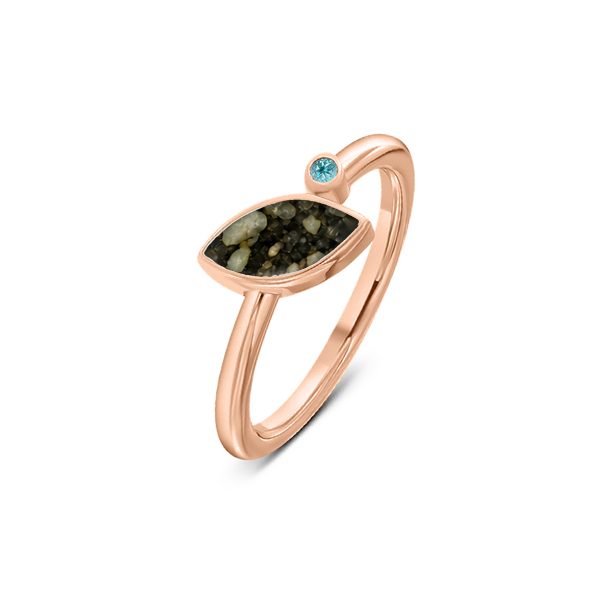 Lina as-ring in massief rosé goud met antraciet askleur en blauwe topaas