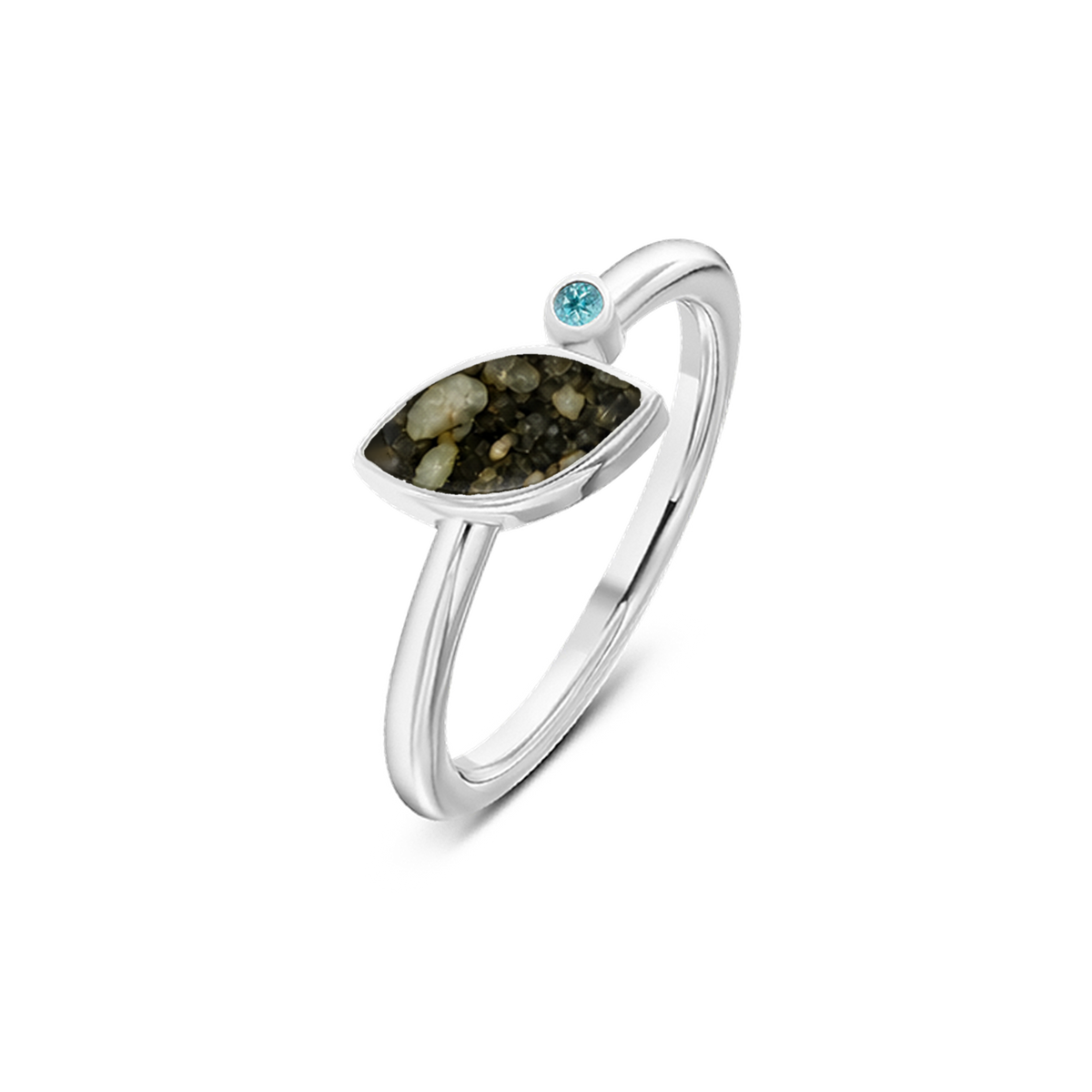 Lina as-ring in massief wit goud met antraciet askleur en blauwe topaas