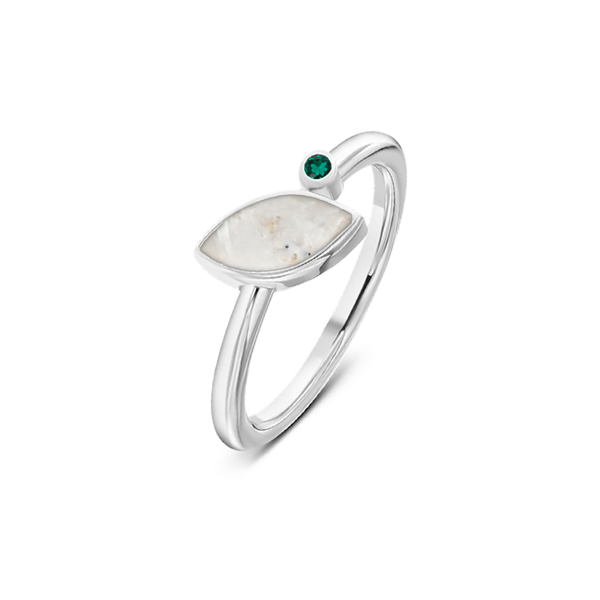 Lina as-ring in 925 zilver met parelmoer askleur en smaragd