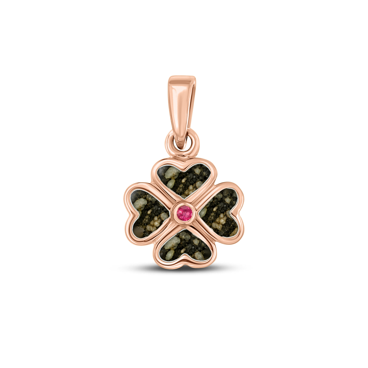 Lucy as-hanger in massief rosé goud met antraciet askleur en robijn