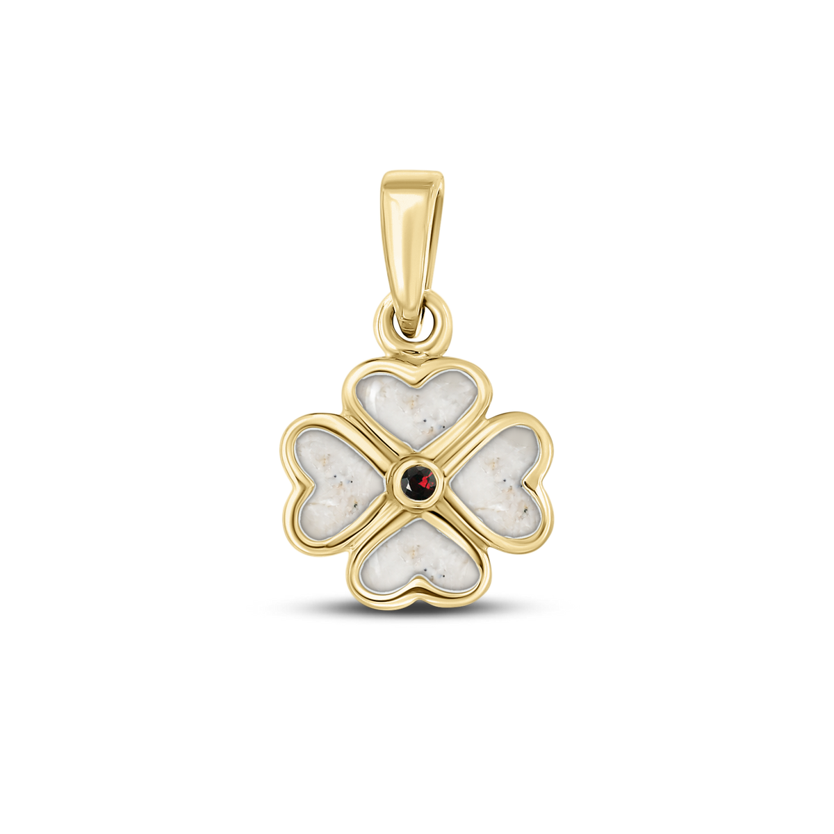 Lucy as-hanger in massief geel goud met parelmoer askleur en granaat