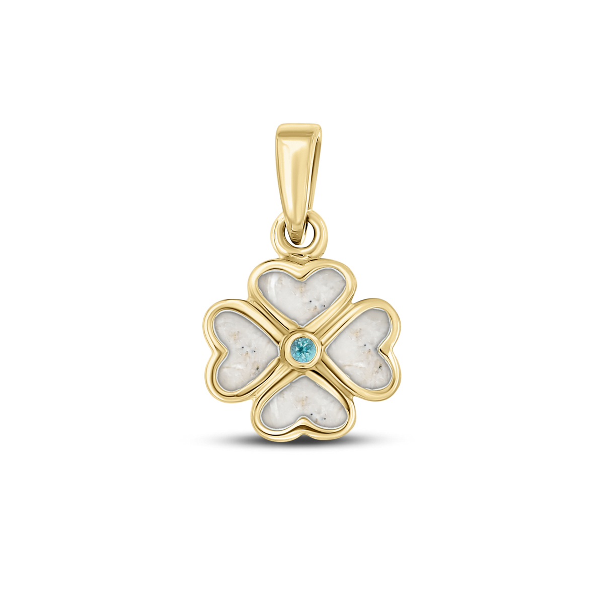 Lucy as-hanger in massief geel goud met parelmoer askleur en blauwe topaas