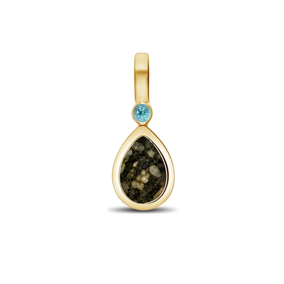 Magic Drop as-hanger in massief geel goud met antraciet askleur en blauwe topaas