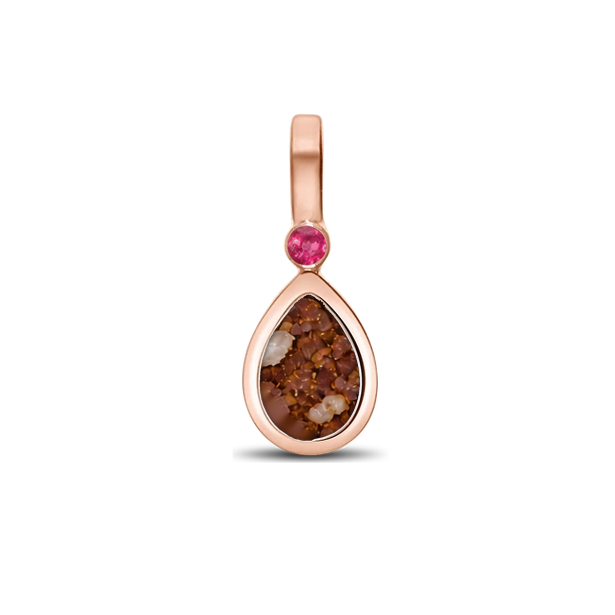Magic Drop as-hanger in massief rosé goud met koperbruin askleur en robijn