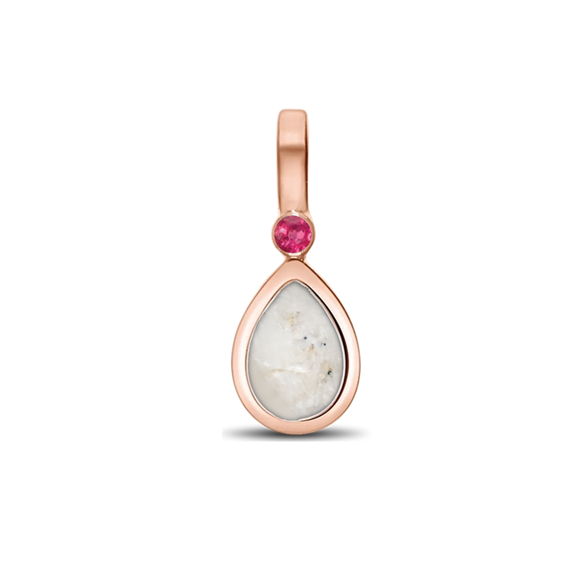 Magic Drop as-hanger in massief rosé goud met parelmoer askleur en robijn