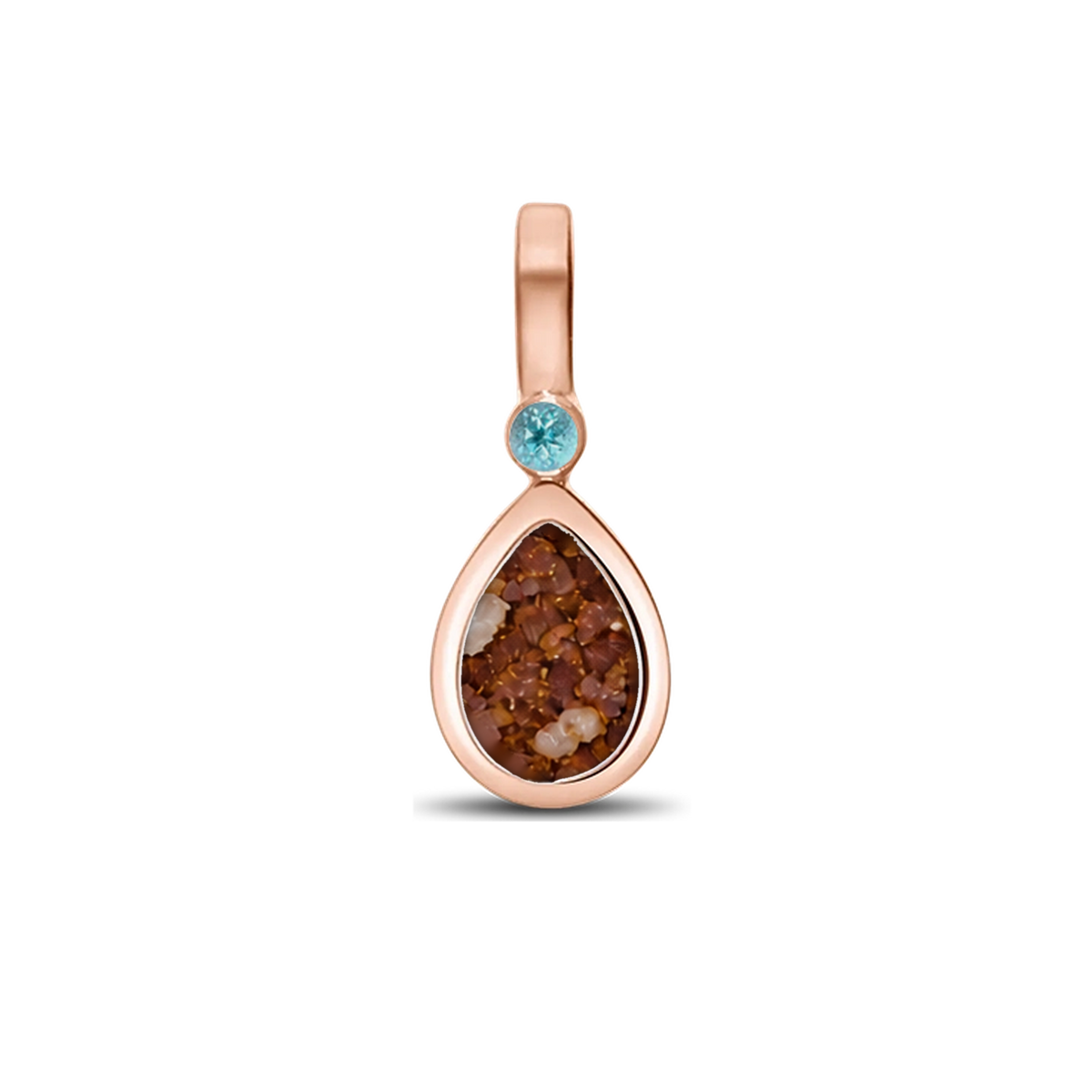 Magic Drop as-hanger in massief rosé goud met koperbruin askleur en blauwe topaas